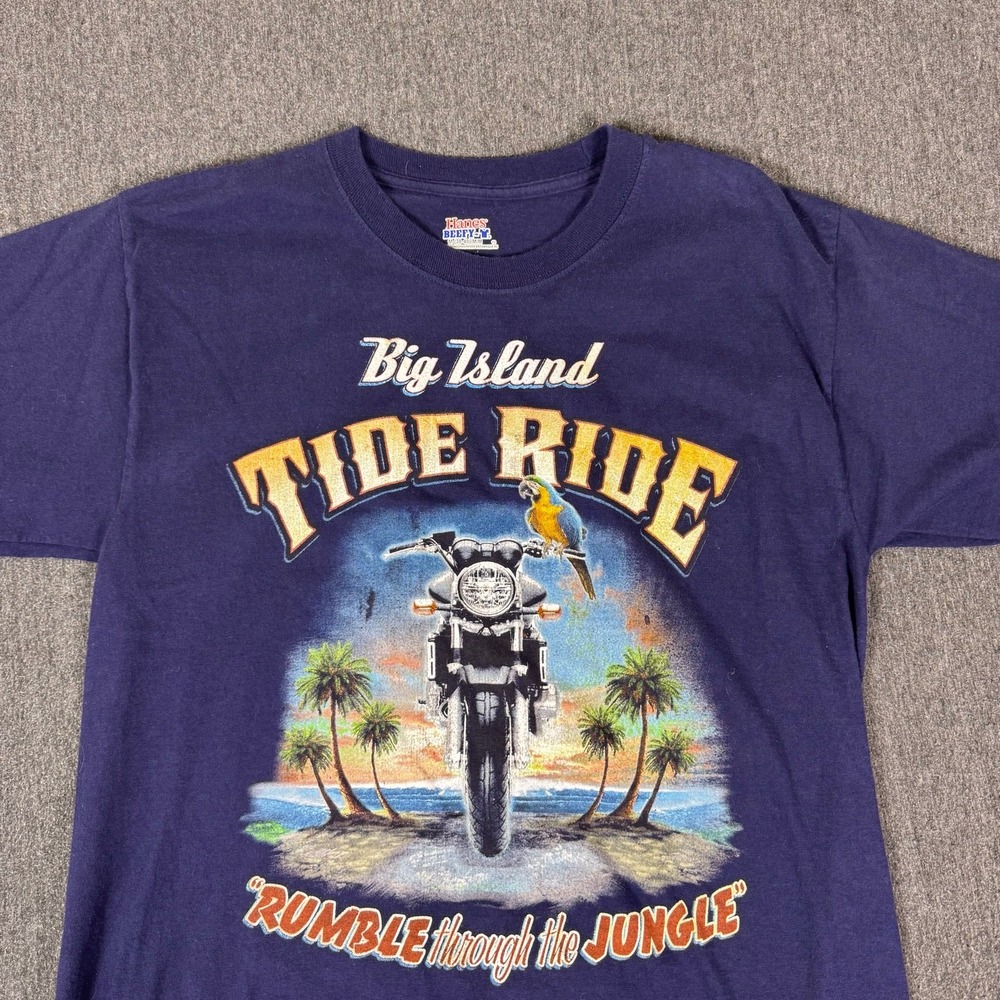 Hanes Big Island Tide Ride Graphic Rumble Jungle T Shirt Mens Medium Blue Cotton